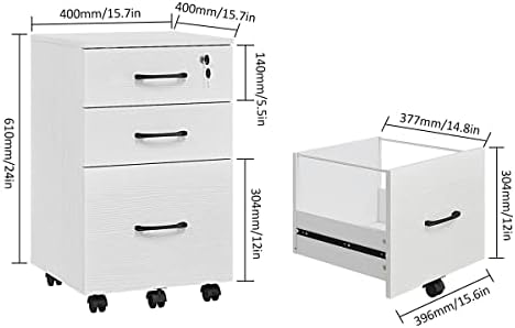 Panana 3 Drawer Wood Mobile File Cabinet, Under Desk Storage Drawers Small File Cabinet for Home Office (White)