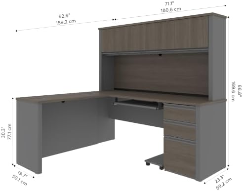 Bestar L-Shaped Desk with Hutch, Bark Grey, Prestige +, 72W