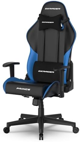 DXRacer Prince Series L Gaming Chair - Reclining, Ergonomic & Comfortable Computer Chair with 2D Armrest, Wing-Shaped Seat Base & Headrest Pillow Faux Leather (Faux Leather, Black & Blue)