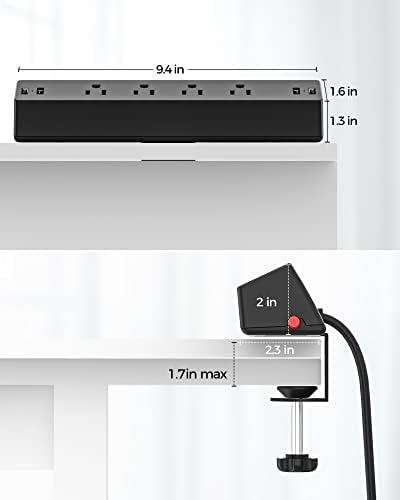 Desk Clamp Power Strip, 4 AC Outlets 4 USB Ports, Fit 1.7in Tabletop Edge