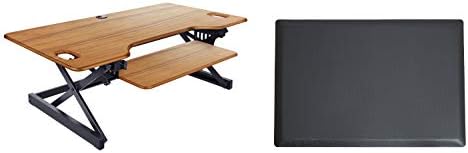 Rocelco 46" Large Height Adjustable Standing Desk Converter with Anti Fatigue Mat BUNDLE - Quick Sit Stand Up Triple Monitor Riser - Retractable Keyboard Tray - Teak Wood Grain (R DADRT-46-MAFM)