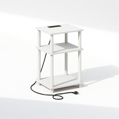 Furinno JUST 3-Tier Night Stand with Charging Station, White