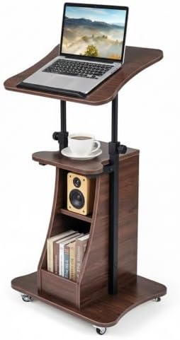 Tangkula Mobile Lectern Podium, Height Adjustable Podium Stand, Sit-to-Stand Desk with Tilting Tabletop & Storage Shelves, Rolling Laptop Cart Desk with Lockable Casters for Home Office School (Brown)