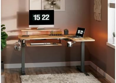 EUREKA ERGONOMIC Standing Desk with Keyboard Tray, Computer Desk, 61" L Shaped Electric Adjustable Height Desk w Monitor Stand LED, Corner Sit Stand Desk Gaming Desk, Dual Motor,Right/Rustic Brown