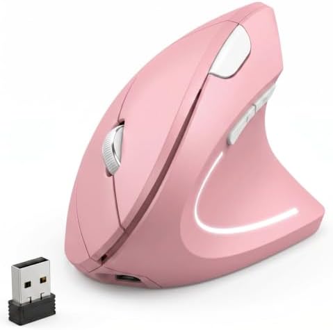 Ergonomic Vertical Wireless Mouse Stylish Rechargeable 2.4G Optical Mice Cordless Mouse with USB Receiver, 800/1200 /1600 DPI, 5 Buttons for Laptop,PC,Mac,Computer (Pink)