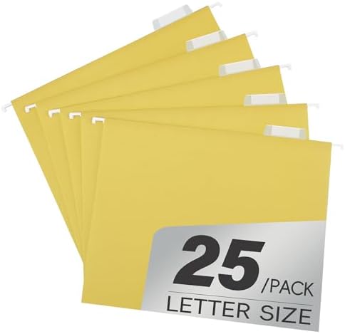 pmybupo Hanging File Folders,25 Pack Yellow Letter Size Hanging File Folders with 1/5-Cut Tabs,Ideal for Home and Office Organization and Papers Classification