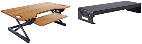 Rocelco 40" Large Height Adjustable Standing Desk Converter with Dual Monitor Stand BUNDLE - Quick Sit Stand Up Computer Workstation Riser - Retractable Keyboard Tray - Teak (R DADRT-40-DMS)