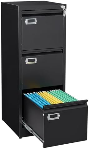 SISESOL 3 Drawer File Cabinet with Lock and Tag,Narrow Three Drawer Filing Cabinet,Vertical Metal File Cabinets,Small Black Filing Cabinets for Home Office Fit Letter/A4/Legal Size File,Easy Assembly