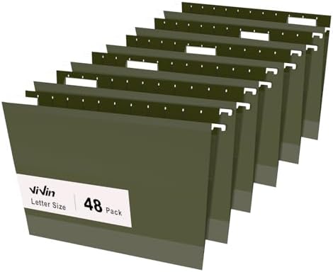 ViVin Hanging File Folders, 1/5-Cut Adjustable Tabs with 48 Per Box, 2 Inch Expansion, 48 Pack Letter Size Hanging File Folders, Designed for Office Home School Filing Cabinet(Green)