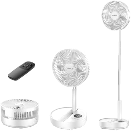 TriPole Portable Standing Fan, 8000mAh Rechargeable Oscillating Fan with Remote, 8.1'' Quiet Pedestal Floor Fan with LED Display & Timer, Foldable Small Desk Fans for Bedroom, Office, Camping, Travel