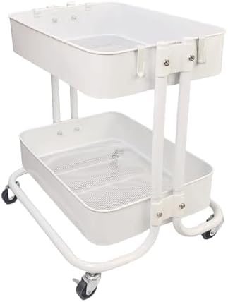 2 Tier Under Desk Storage Cart with Wheels Heavy Duty Metal Short Rolling Pantry Storage Cart for Small Space, Utility Trolley for Kitchen Bathroom Laundry Cute Snack Craft Organizer, White
