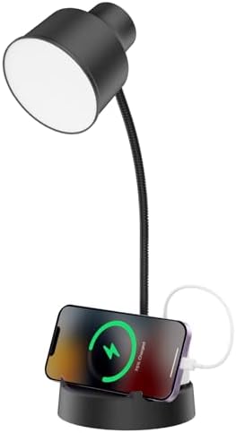 Energetic LED Desk Lamp with Phone Holder, Table Lamp with AC Outlet, Adjustable Flexible Gooseneck, 4000K, Eye-Care Reading Light for Bedroom, Study, Computer Desk, Living Room, Home Office, Black