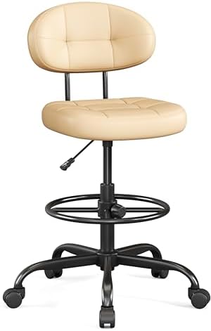 Misolant Drafting Chair Without Arms, Tall Office Chair with Footrest Ring for Standing Desk, Small Faux Leather Executive Office Chair with Adjustable Height for Bar Lab Counter Height Desk, Khaki