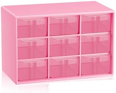 Small Drawer Organizer for Desk, 7.1" x 3. 8" x 4.6" Mini Desktop Drawer Organizer with 9 Clear Drawers, Plastic Desktop Craft Storage Box for Desk Office School Home (Pink)