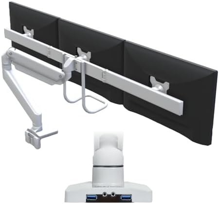 UPLIFT DESK Crestview Align Triple Monitor Stand - Gas Spring Monitor Mount, Adjustment Handle & USB Ports, 13-32” Inch Displays, VESA Compatible, Clamp or Grommet Mounting, Fits Standing (White)