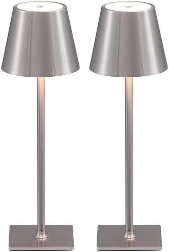 KDG 2 Pack Cordless Brushed Nickel Table Lamps, Portable LED Desk Lamp