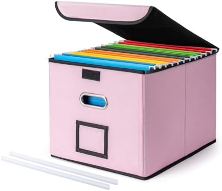 CADONO File Organizer Box with Lid, Large Hanging File Folder Organizer with Plastic Slide, Collapsible Portable Filing Storage Boxes for Office/Decor/Home (Pink, 14.9 x 12.59 x 10.8 inch)