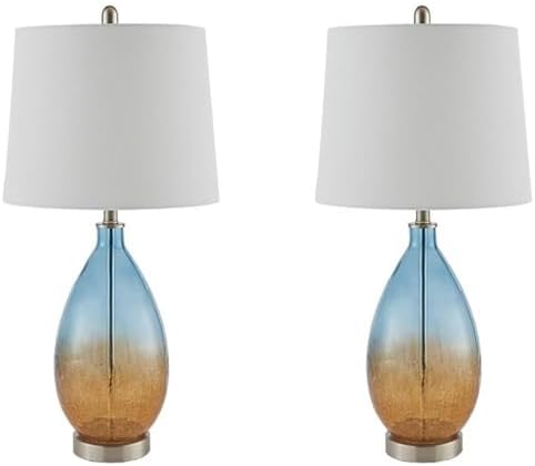 Pemberly Row Set of 2 Contemporary Table Lamps, 26 in Tall, Glass and Fabric, Blue with White Drum Shades, Metal Accents, Ideal for Living Room or Bedroom Lighting