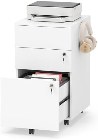 LOKO Mobile File Cabinet with 3 Drawers, Under Desk File Organizer (White)