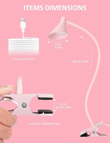 LiFMIRA Pink Small Desk Lamp Clip on LED Reading Light for Bed