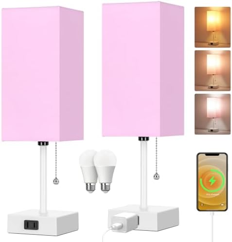 15'' Table Lamp for Bedroom set of 2,3-Color Bedside Lamps with Pull Chain