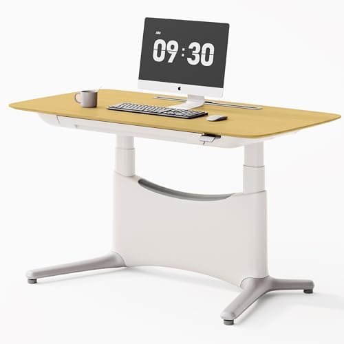 COLAMY Electric Standing Desk 55x28 Inch, Wobble-Free Dual Motor Sit Stand Up Home Office Computer Desk, One Piece Motorized Workstation Gamer Studio Table with Drawers, Footrest,Oak,White