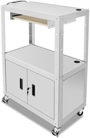 Auto Dynasty Utility Steel AV Cart, Height Adjustable Rolling AV Cart with Locking Storage Cabinet and Pullout Keyboard Tray for Video Projector Laptop Computer, 18" x 32" x 42", 3 Outlets, Grey