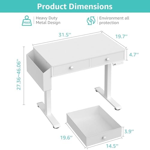 KLUVIS Small Electric Standing Desk with Drawers, 32 Inch, White