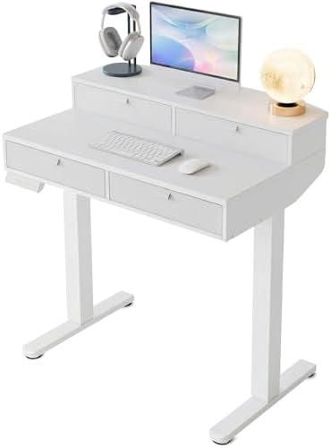 HUANUO 32 x 20 Inch Electric Standing Desk with 4 Drawers, White
