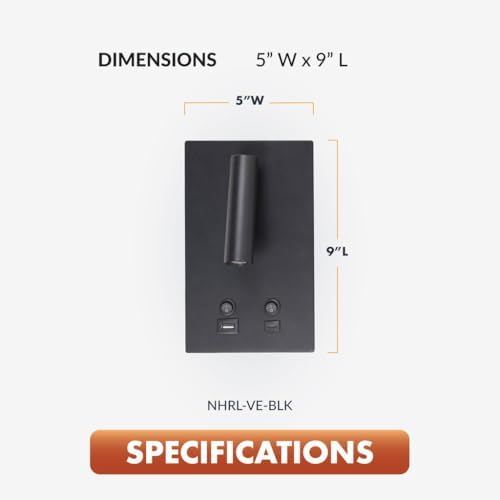 Newhouse Lighting 5 in. W x 9 in. L Vera Spotlight Reading Light in Matte Black with USB-A and USB-C Charging Ports NHRL-VE-BLK, Bedside Lamp for Nightstands, Space-Saving Office Desk Accessory
