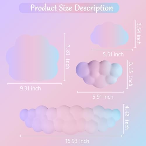 Cloud Mouse Pad Keyboard Wrist Rest for Mouse 4PCS Mini Small Desk Mat Pad Set Memory Foam Non-Slip Cute Ergonomic Gaming Mouse Wrist Support for Computer Home Office Pink Purple Blue