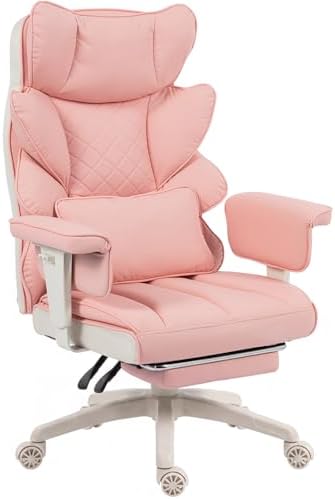 Dowinx Big and Tall Office Chair with Pocket Spring Cushion,High Back Computer Gaming Chairs with Adjustable Armrests,Executive Desk Chairs with Lumbar Support and Footrest,PU-Pink