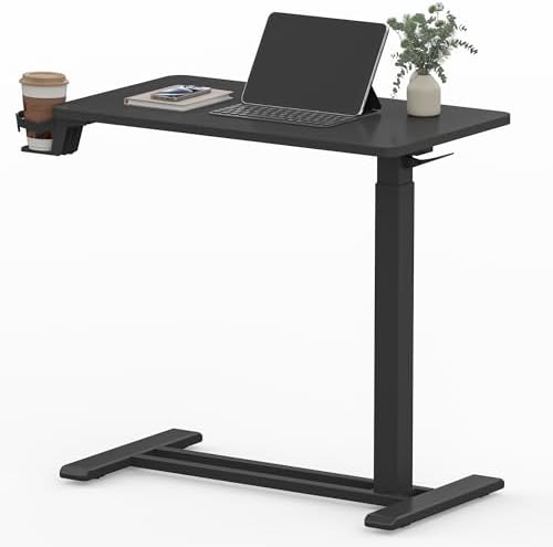 SANODESK 28''Pneumatic Adjustable Overbed Bedside Table with Hidden Casters
