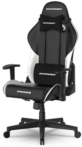 DXRacer Prince Series L Gaming Chair - Reclining, Ergonomic & Comfortable Computer Chair with 2D Armrest, Wing-Shaped Seat Base & Headrest Pillow Faux Leather (Faux Leather, Black & White)