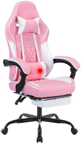 Pink Ergonomic Gaming Chair for Adults with Footrest and Massage