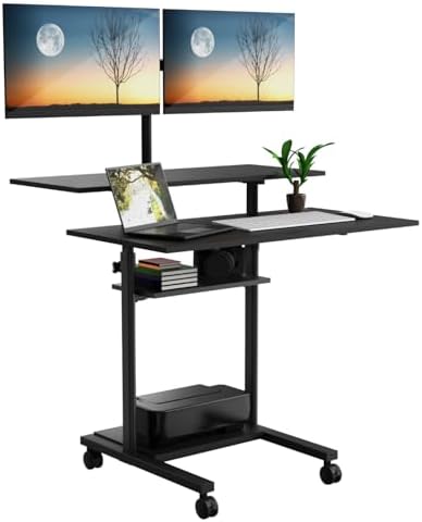 Mount-It! Mobile Standing Desk with Dual Monitor Mount - 40 Inch Wide Height Adjustable Rolling Computer Workstation with Four Wheels,
