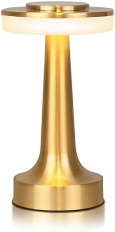 JHPGEOE Cordless Metal Desk Lamp, Touch Sensor Control LED Table Lamp,3 Color Stepless Dimmable Battery Powered Lamp for Living Room, Dorm, Home Office (Gold)