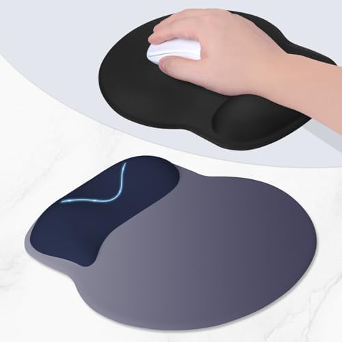 ITNRSIIET Ergonomic Mouse Pad with Wider Memory Foam Wrist Rest +17% - Curved Cushion Reduces Pressure 20%, Pain Relief, Non-Slip, Smooth, Cute Colors, 9.85 x 9 in, Gray Blue