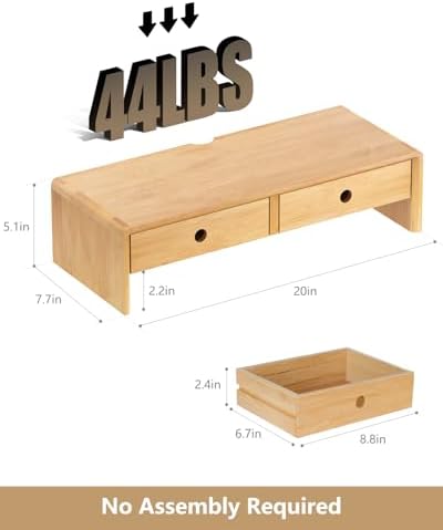 Ufine Bamboo Monitor Stand with 2 Drawers & Keyboard Storage