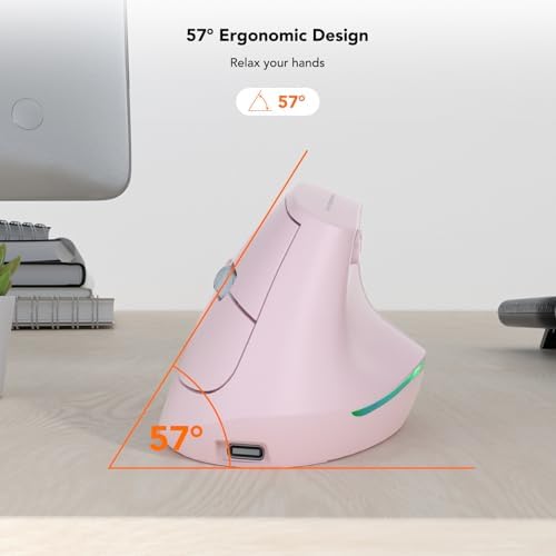KYSONA Wireless Ergonomic Mouse, Vertical Mouse, Bluetooth Ergo Mouse, Quiet Click, 5 Level Adjustable DPI(800/1200/2400/2400/4000), Rechargeable 2.4G Mice Computer, PC, Mac, Laptop, Pink