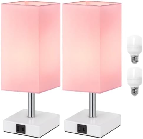 Touch Table Lamps Set of 2 for Bedroom - Dimmable, USB C+A, White Base