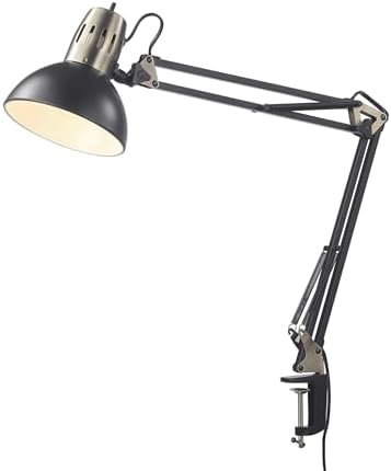 Globe Electric 62000009 32" Multi-Joint Desk Lamp with Metal Clamp, Matte Black, Antique Brass Accents, On/Off Rotary Switch on Shade, Partially Adjustable Swing Arm, Home Décor, Office Accessory