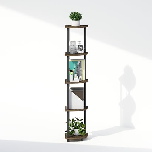 Furinno Turn-N-Tube Storage Shelves, 5-Tier Book Shelf, Corner Shelf, Toolless Open Shelves, for Organization and Storage, Living Room, Home Office, Hallway, Bedroom, Columbia Walnut