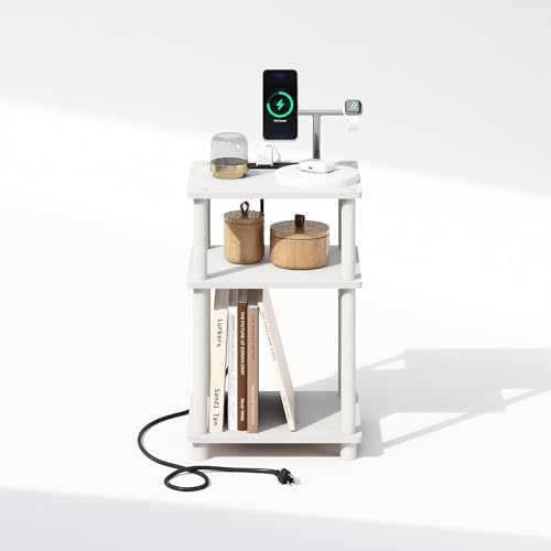 Furinno JUST 3-Tier Night Stand with Charging Station, White