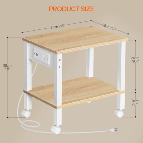 HOOBRO 2-Tier Printer Stand with Charging Station, Under Desk Printer Table, Printer Cart with Storage Shelves, Shelf for Small Spaces, for Home Office, Natural WN38UPS01