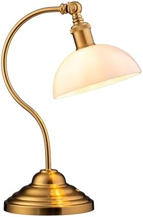 O'Bright Bankers - Cordless LED Table Lamp, Battery-Operated, Rechargeable, 3-Level Dimming, Universal USB-C Charging, 180° Swivel Head, White Jade Glass Shade, Antique Brass