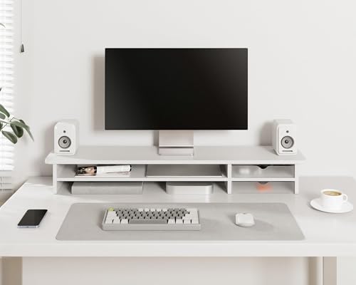Fenge Monitor Stand, Desk Computer Riser with Frosted Storage Drawer, White