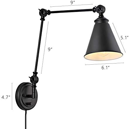 WINGBO Farmhouse Swing Arm Wall Sconce Set of 2, Industrial Adjustable Wall Lamp Light Fixture for Living Room Bedroom Vanity Study Desk Office, Plug in or Hardwired, Black