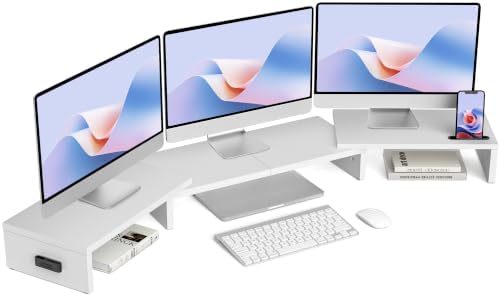 BONTEC Triple Monitor Stand Riser with Smartphone Holder, White