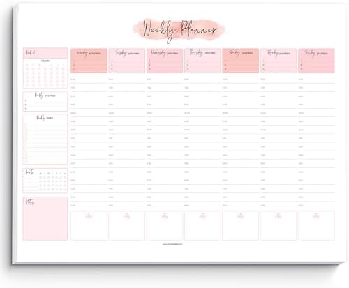 Weekly Hourly Planner Notepad, Daily Planner Desk Pad, Weekly Schedule, To Do List Note Pad, ADHD Planner | 50 Undated Tear Away Sheets | A4 (Pink)